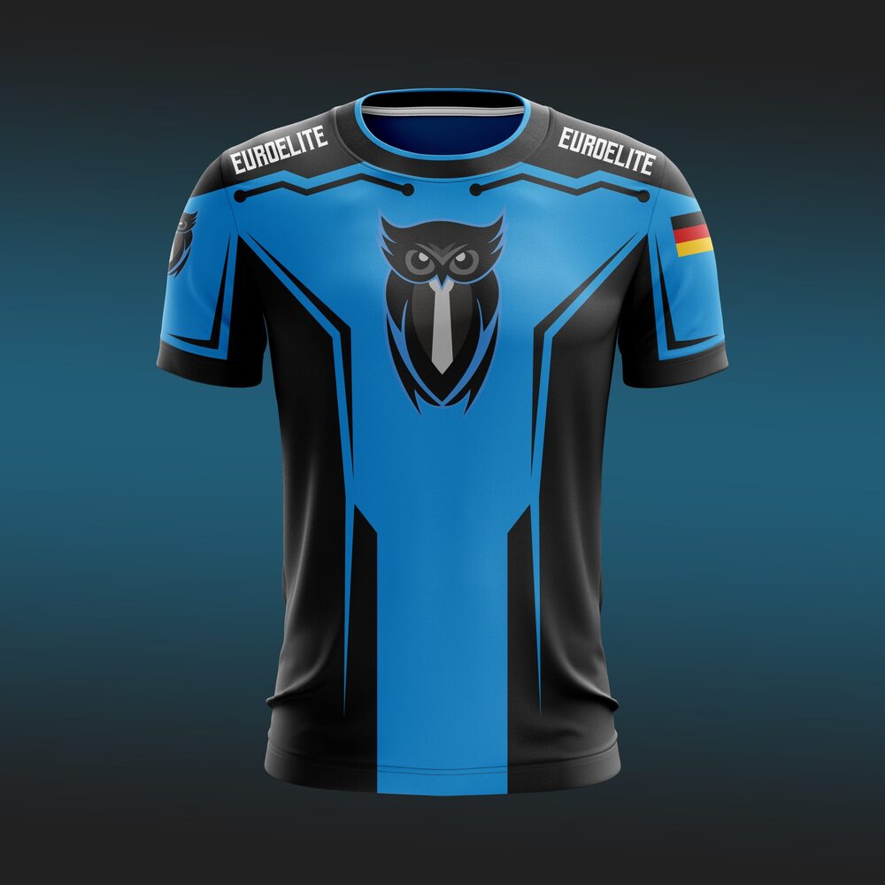 EuroElite-Trikot in Blau und Schwarz mit Eulenwappen
